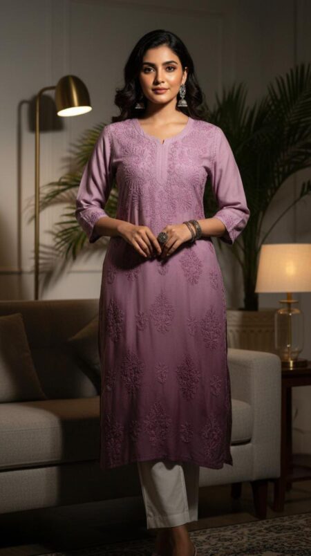 Chikankari Chanderi Tone To Tone Ghaaspatti Work Kurta