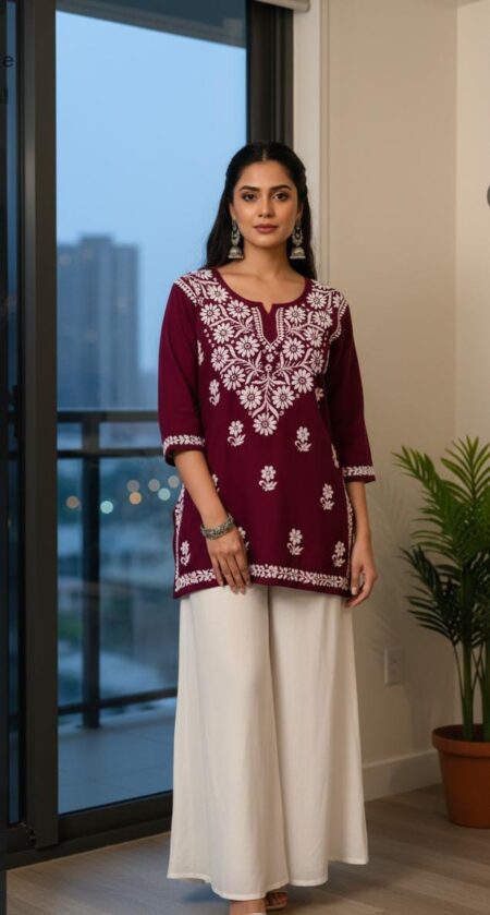 Chikankari Modal Cotton Tops with Floral Embroidery