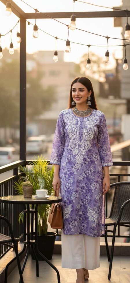 Chikankari Self Tone Floral Print Mulcotton Kurta