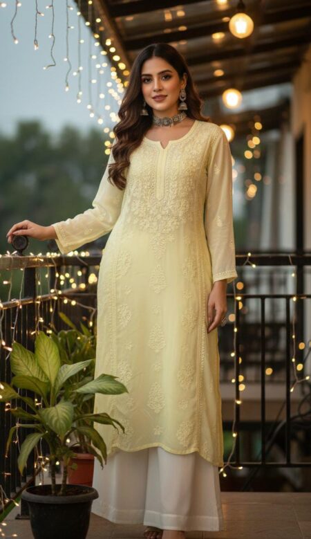 Ombre Chikankari 3 Panel Viscose Kurta with Lace and Mukaish Work