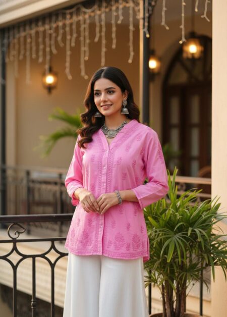 Chikankari Front Button V-Neck Tone to Tone Cotton Shirt