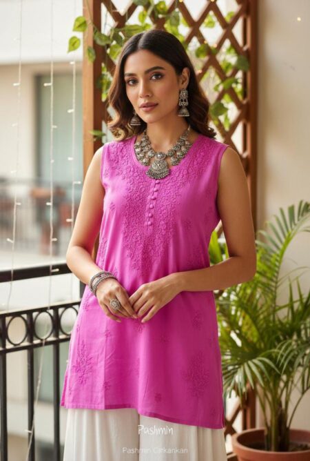 Chikankari Cotton Tone To Tone Sleeveless Top