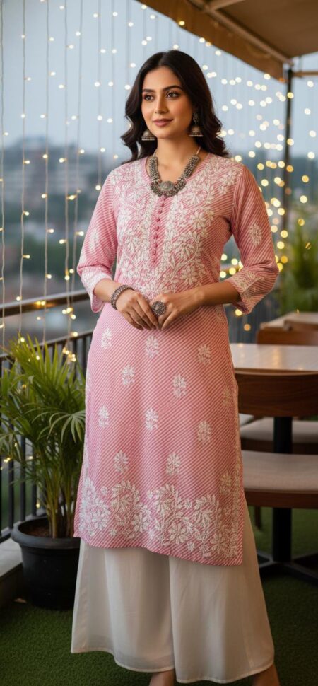 Chikankari Voile Cotton Leheriya Kurta