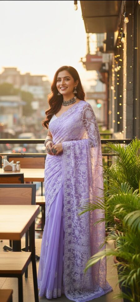 Purple Chikankari Georgette Shadow Work Saree