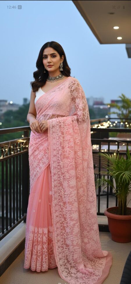 Pink Chikankari Georgette Shadow Work Saree