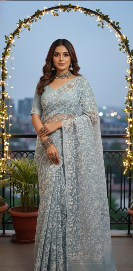 Grey Chikankari Georgette Tepchi Work Saree