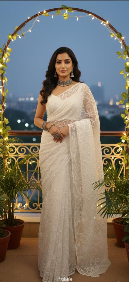 White Chikankari Georgette Tepchi Work Saree