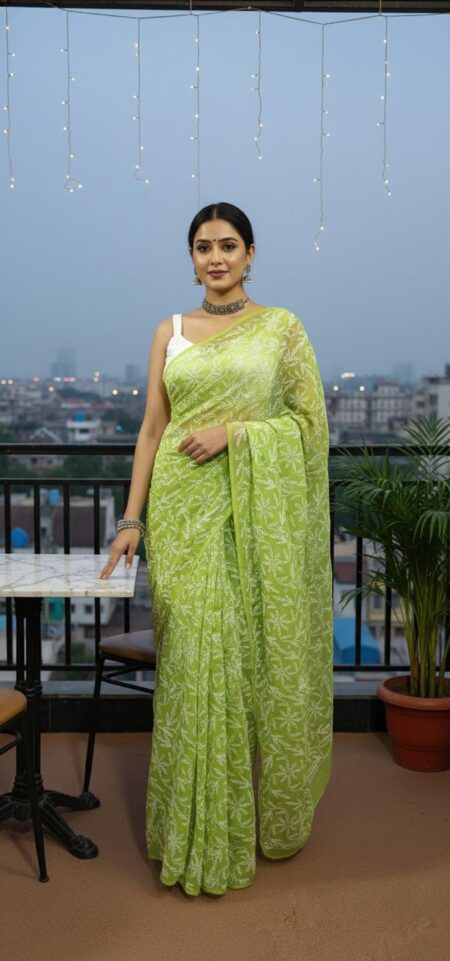 Green Chikankari Georgette Tepchi Work Saree