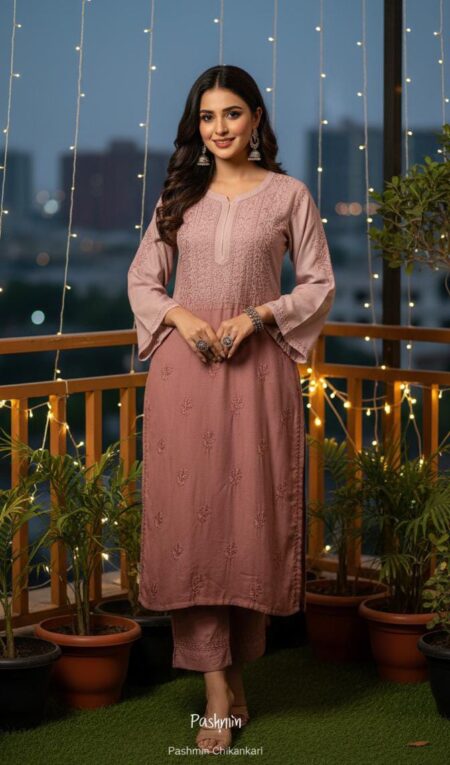 Ombre Mouse Brown Chikankari Dobby Modal Kurta Pant Set