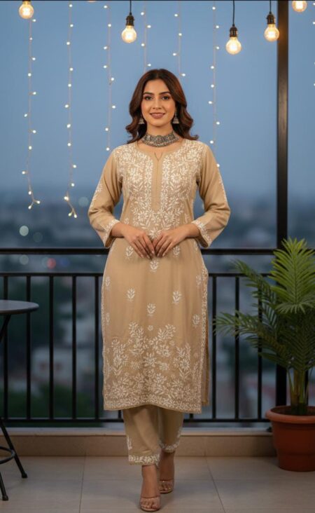 Beige Chikankari Modal Cotton Kurta Pant Set