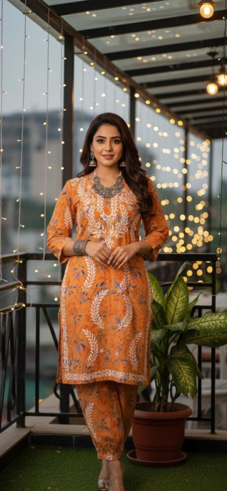 Chikankari Mulcotton Printed Afghani Kurta Co-ord Set