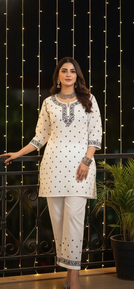 Black on White Chikankari Linen Cotton Co-ord Set
