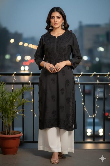 Black on Black Chikankari Premium Modal Kurta