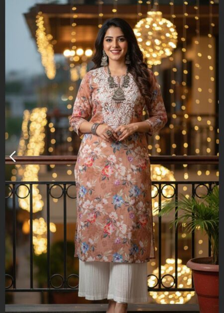 Chikankari Floral Print Pastel Mulcotton Kurta