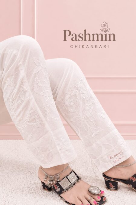 White Chikankari Pant With Applique Work