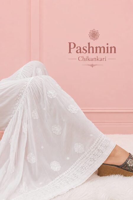 White Chikankari Viscose With Resham Dhaga Embroidery Palazzo