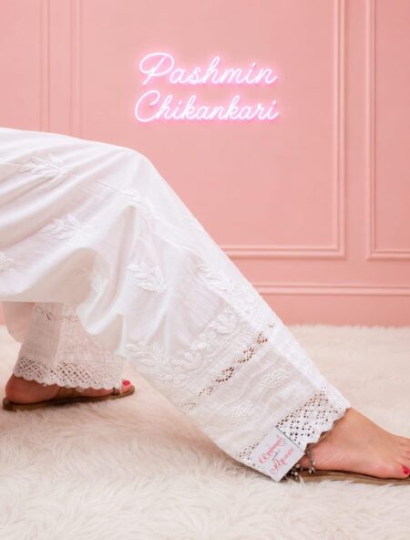 White Chikankari Double Lace Cotton Pant