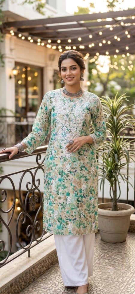 Chikankari Mulcotton Cream Color Printed Kurta