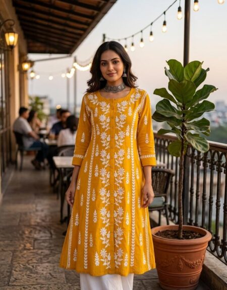 Mustard 3D Chikankari Linen kurta