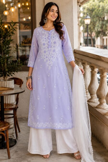 Purple Chikankari Voile Cotton Front Back Dual Thread With Button Kurta