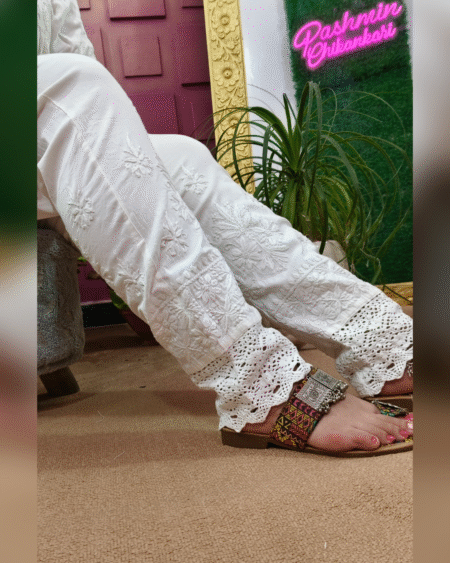 White Chikankari Stretchable Lycra Cotton Broad Lace Pant