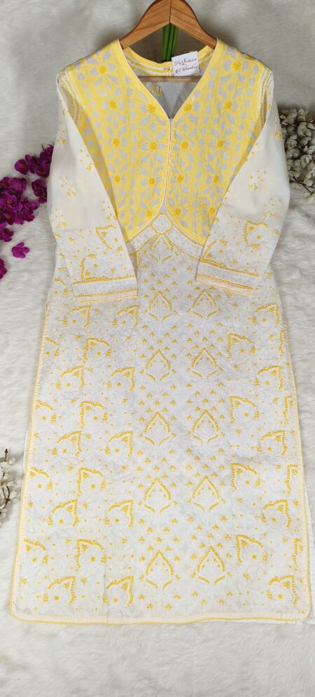 Yellow Chikankari Applique Work Voile Cotton Kurta
