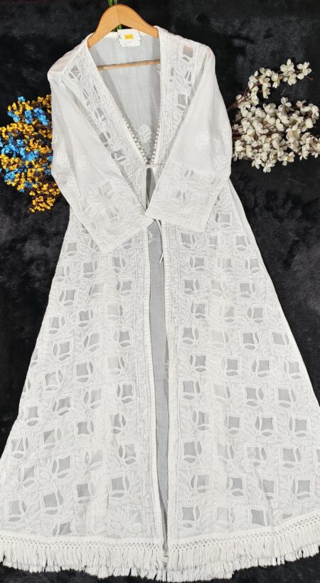 White Chikankari Cotton Long Shirt With Border Lace