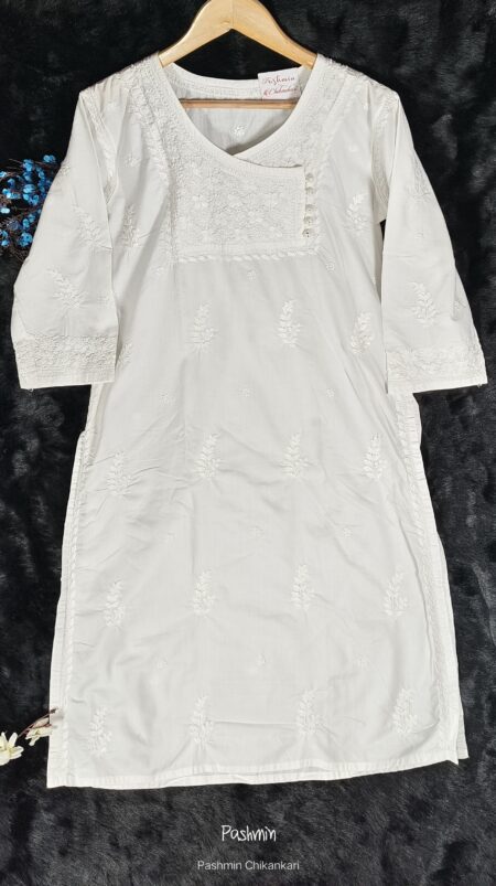 White Chikankari Cotton Angrakha Kurta
