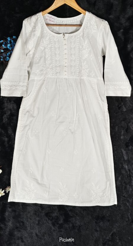 White Chikankari Cotton Front Pocket Kurta