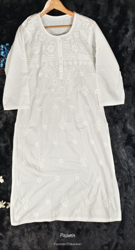 White Chikankari Neck Pintex Cotton Kurta