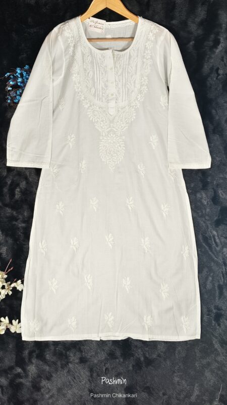 White Chikankari Cotton Straight Pintex Work Kurta