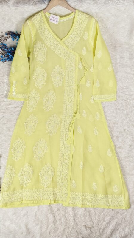 Lemon Green Chikankari Voile Cotton Angrakha