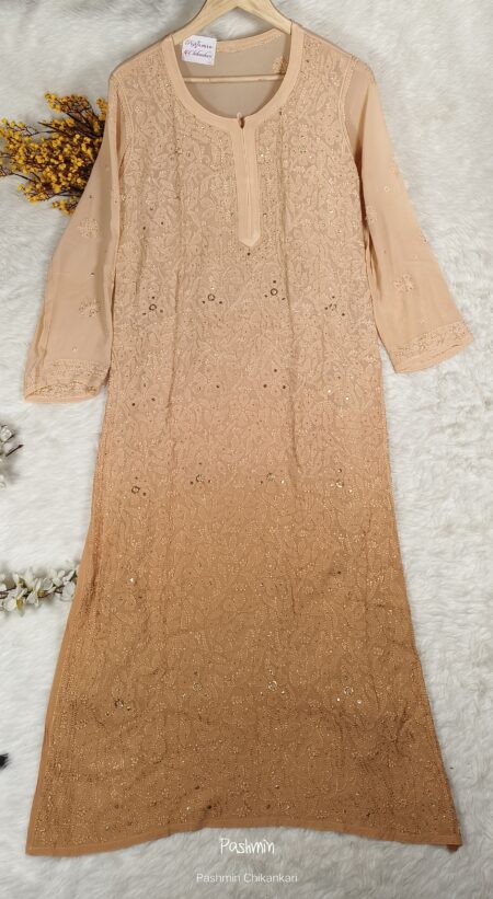 Beige Chikankari Resham Jaalwork Viscose Kurta With Ring Mukaish
