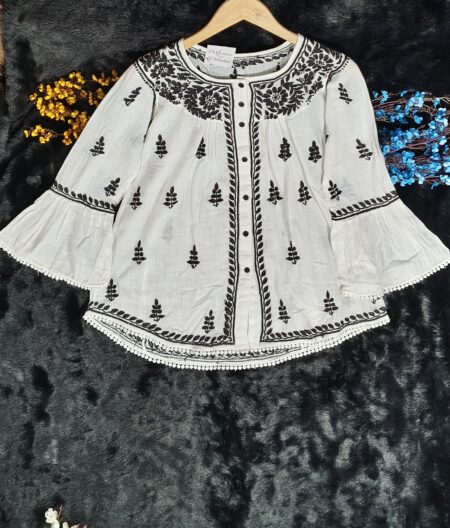 Black And White Chikankari Linen Shirt Top