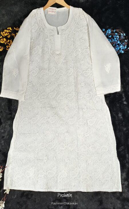 White Chikankari Full Shadow Work Voile Cotton Kurta