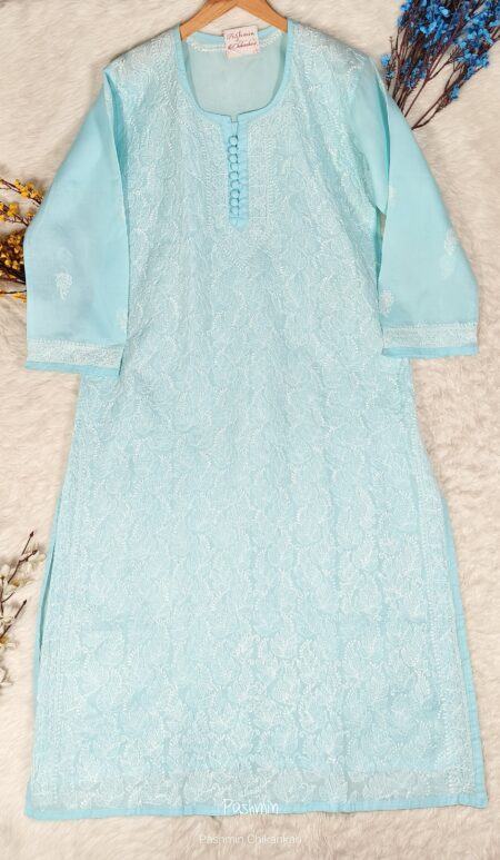 Sky Blue Chikankari Voile Cotton Jaal Work Kurta