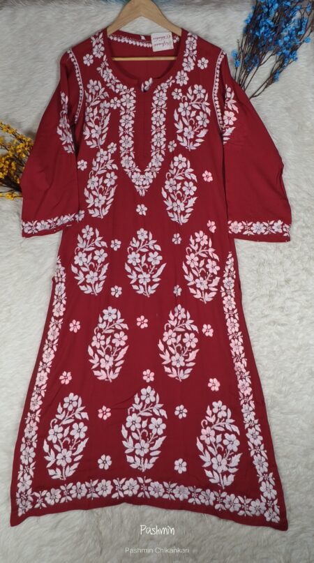 Maroon Chikankari Modal Cotton With Heavy Daman Kurta