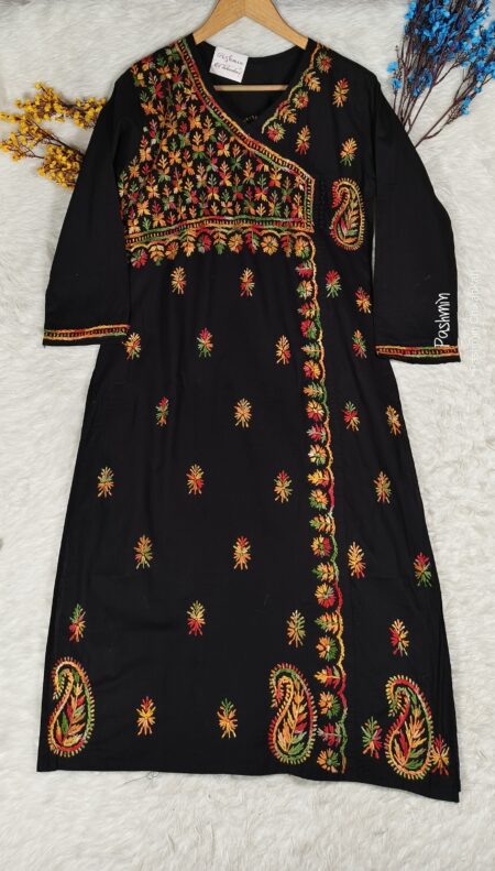 Black Chikankari Mulcotton Angrakha Kurta With Multi Color Thread Work