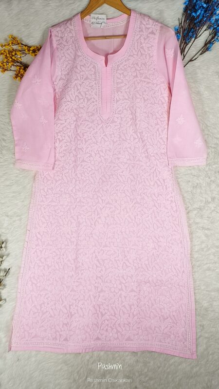 Pink Chikankari Voile Cotton Jaaldar Shadow Work Kurta