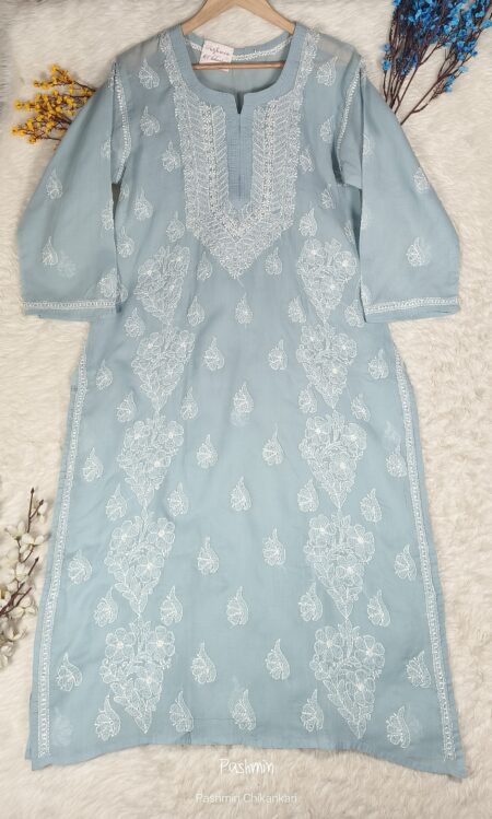 Grey Chikankari Voile Cotton Jaal Work Kurta
