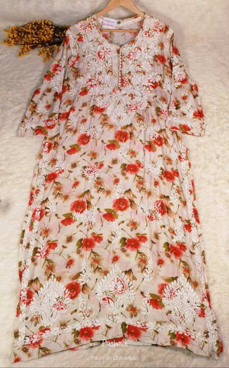 Red White Chikankari Muslin Kurta