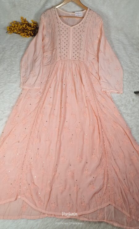 Peach Chikankari Muslin Gown With Mukaish Work