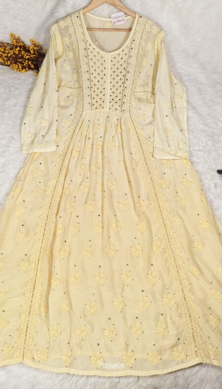 Yellow Chikankari Muslin Gown With Mukaish Work