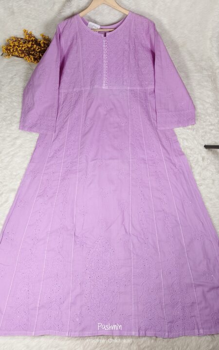 Purple Chikankari Cotton A-Line Gown With Mukaish Work