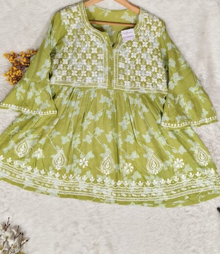 Green Chikankari A-Line Printed Top
