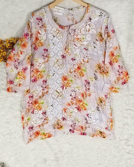 Pink Chikankari Printed Muslin Top
