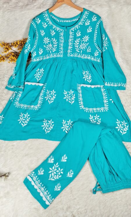 Ferozi Blue Chikankari Modal Cotton Front Pockets Co-Ord Set