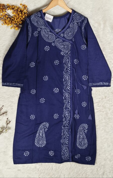 Blue Chikankari Denim Cotton Angrakha Kurta