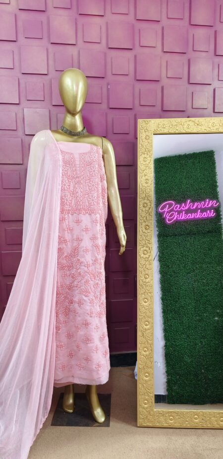 Pink Chikankari Unstitched Dual Tone 3 Piece Suit Length