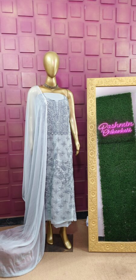 Grey Chikankari Unstitched Dual Tone 3 Piece Suit Length